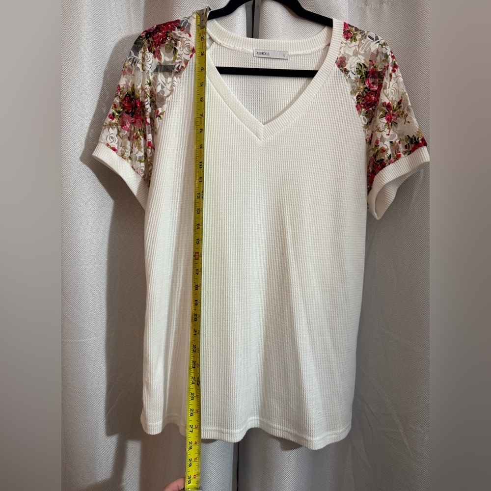 Waffle Knit Lace Floral Sleeve Top Size L Boho Cottagecore V-Neck Blouse Miholl - Picture 3 of 5